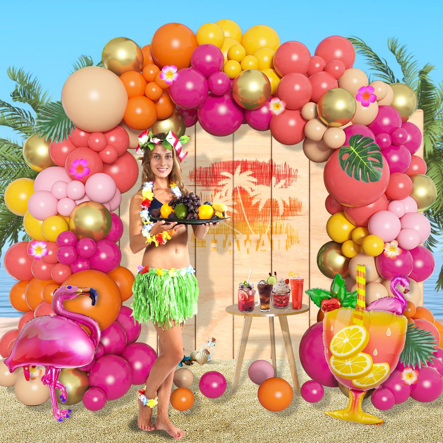Ouddy Life Ouddy Life 178Pcs Tropical Balloons Arch Garland Kit, Luau Tropical Party Decorations with Aloha Pineapple Coconut Hot Pink Aqua Blue Balloons & Palm Leaves for Hawaiian Summer Birthday Supplies