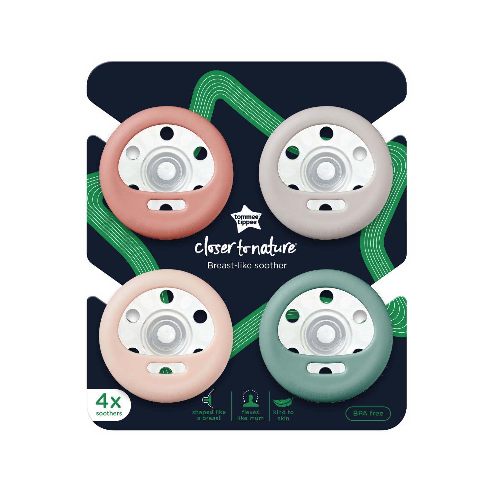 Tommee Tippee Tommee Tippee Breast-Like Pacifier, 6-18 month pack of 4 soothers with breast-like baglet, symmetrical design and BPA free