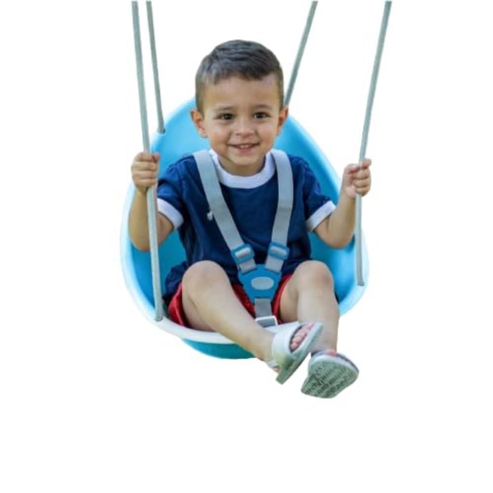 Swurfer Swurfer Coconut - Your Child's First Swing with Blister Free Rope and 3-Point Safety Harness - Indoor and Outdoor - Swing for Babies and Toddlers - Ages 9 + Months - Up to 50 lbs, Blue