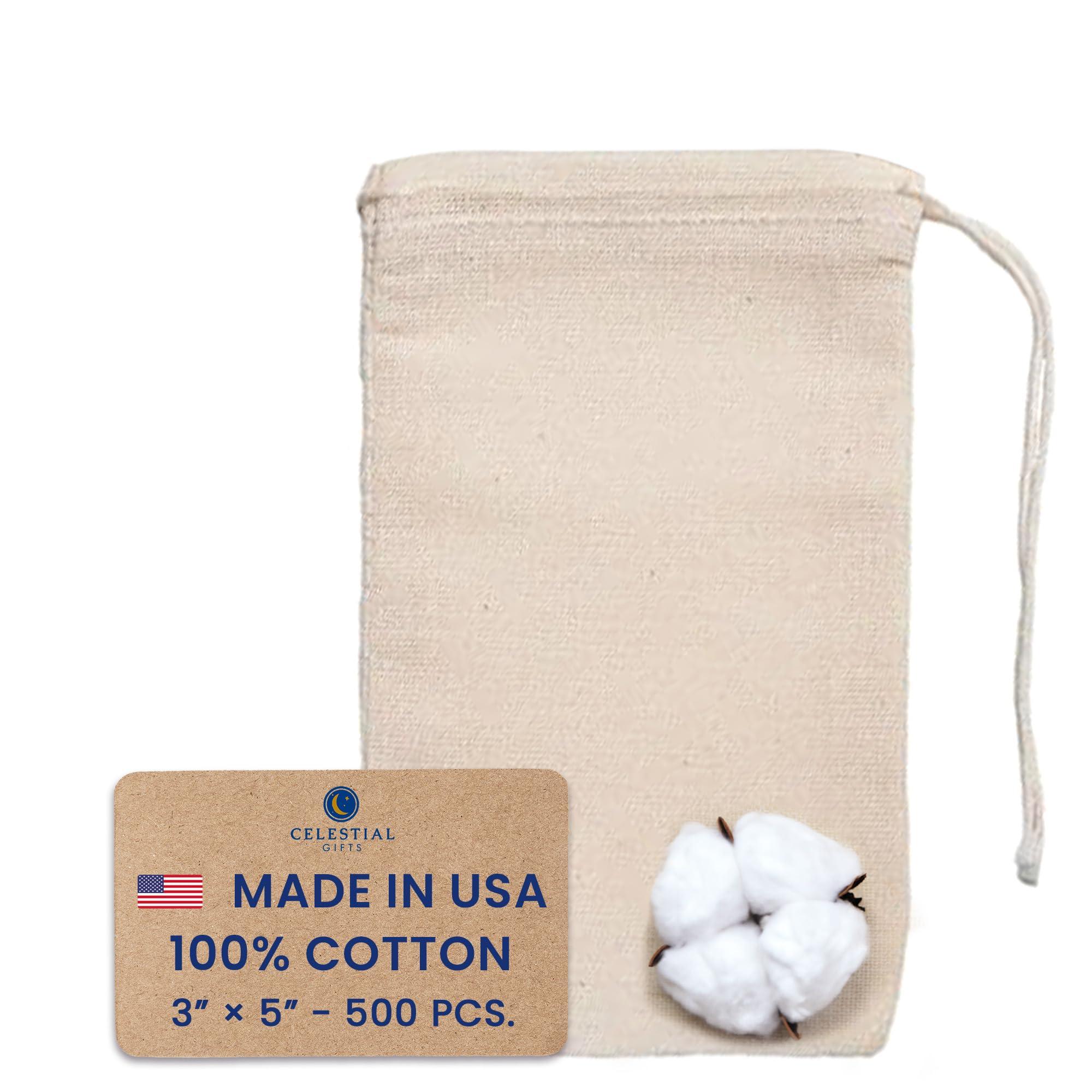 Celestial Gifts Celestial Gifts Muslin Bags - Drawstring Bags Small 500pcs - 3x5, Reusable Tea Bags, Jewelry Gift, Spice and Cotton Gift Sachet Bags - 100% Cotton - Made in USA - (Natural Hem & Drawstring)