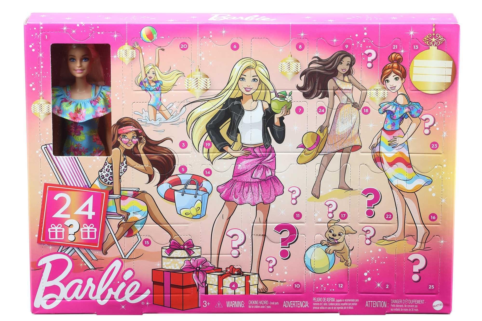 Barbie Barbie Advent Calendar with Barbie Doll (12-in), 24 Surprises Including Day-to-Night Trendy Clothing & Accessories, Festive Holiday Themed Packaging for Kids 3 to 7 Years Old