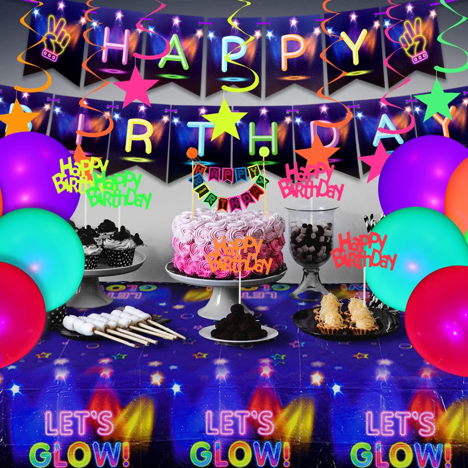 Zhanmai Zhanmai Neon Party Decorations Glow in the Dark Birthday Supplies Set Neon Balloons Fluorescent Happy Birthday Banner Tablecloth Blacklight Hanging Stars Cake Toppers for Glow Party Halloween Decor