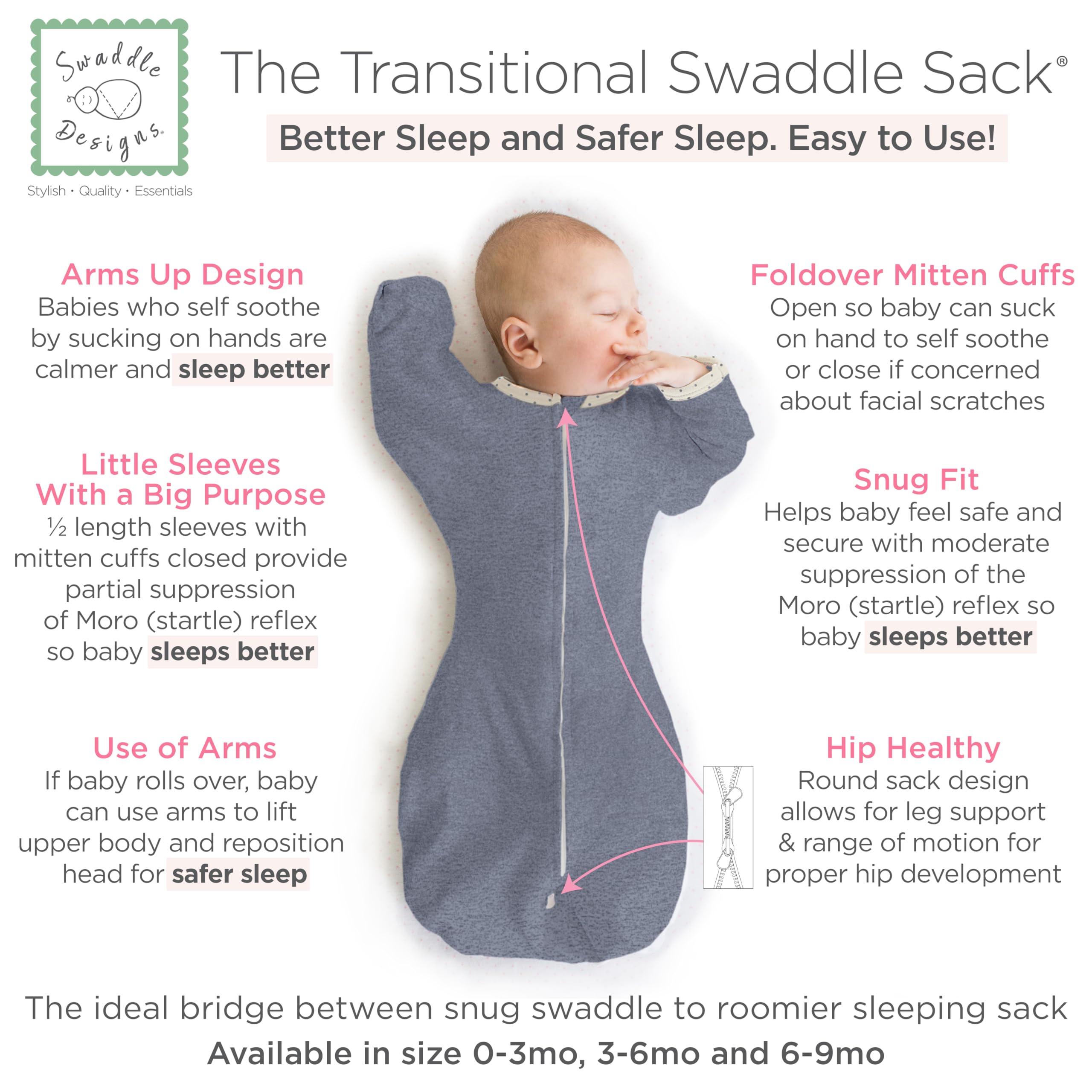 SwaddleDesigns SwaddleDesigns Transitional Swaddle Sack, Arms Up Half-Length Sleeves & Mitten Cuffs, Swaddle for Newborn Transition to Baby Sleep Sack Wearable Blanket, Medium, 3-6 Month, 14-21 lb, Heathered Denim