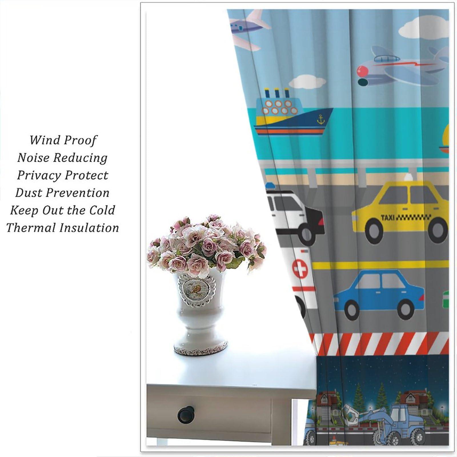 DDCBNS DDCBNS Kids Construction Curtains for Bedroom,Cartoon Colorful Cars Bulldozer Tractor Truck Airplane Ship Print Window Treatments for Boys Baby Room Nursery Study 2 Panels Set,Total Size 42 x 63 Inch