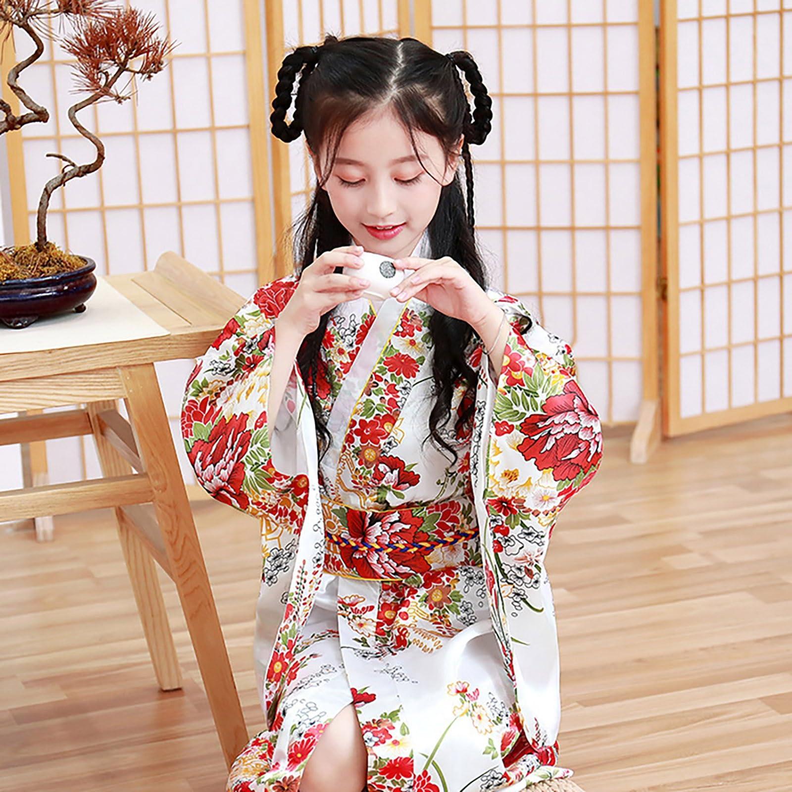 KAGAYD Japanese Traditional Robe Girls Halloween Costum Kids Kimono Outfits Loose Fit Dresses for Girls (White, 9-10 Years)