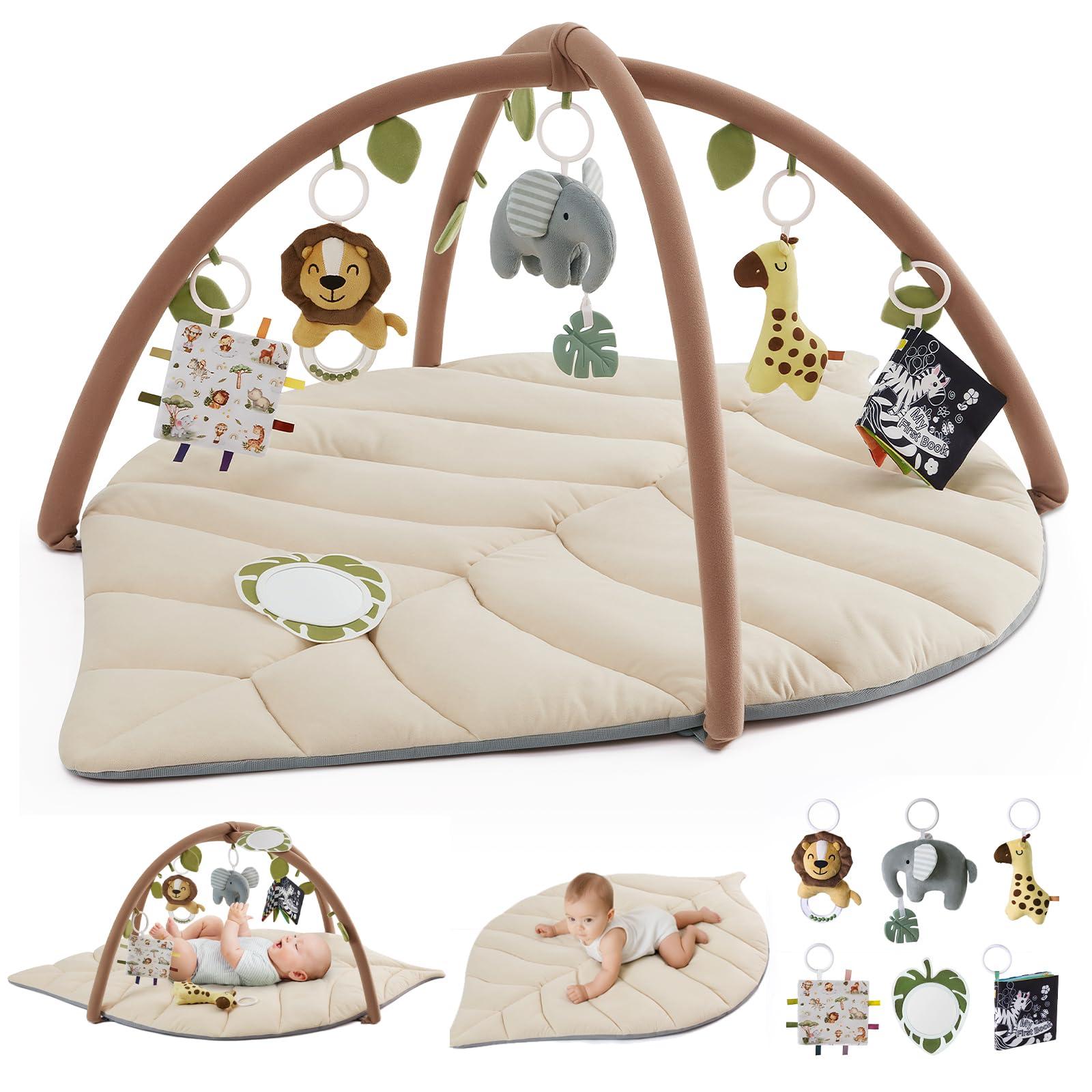 Blissful Diary Blissful Diary Baby Play Gym & Activity Mat, Leaf Shaped Baby Tummy Time Play Mat with 6 Detachable Toys, Promotes Motor Skills & Sensory Development, Newborn Baby Essentials Gift, Oatmeal Beige