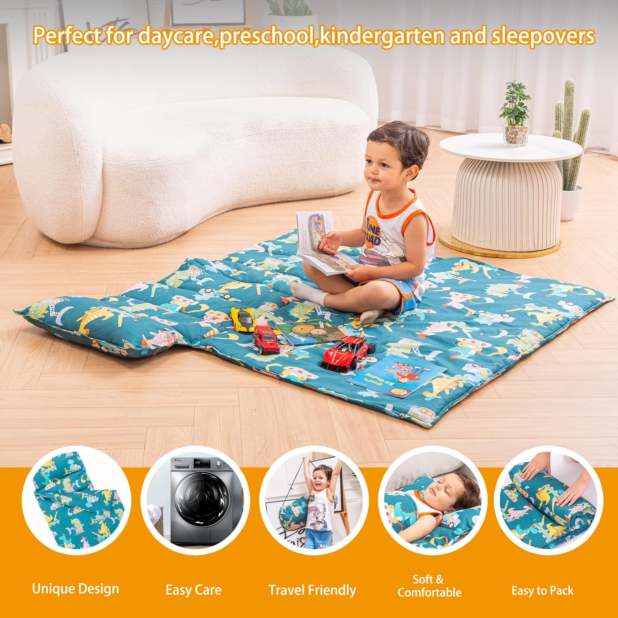 Rossison ROSSISON Nap Mat with Pillow and Blanket 100% Cotton with Microfiber Fill, Padded Sleeping Mat, for Daycare Preschool Toddler Prek Boys Girls Kids (Dinosaur Driver, Extra Long-56\"x20\")