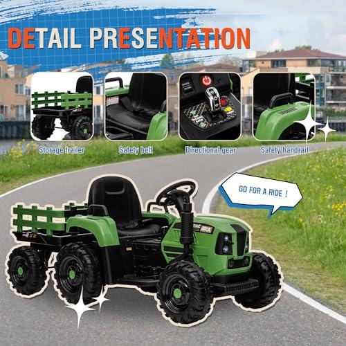 Feetice Tractor Toys, Ride on Tractor with Trailer, 24V 400W Powered Electric Tractor Remote Control, Music Bluetooth and USB Support, Electric Car for Kids, 3 Speed Adjustable, Two-Point Safety Belt, Green