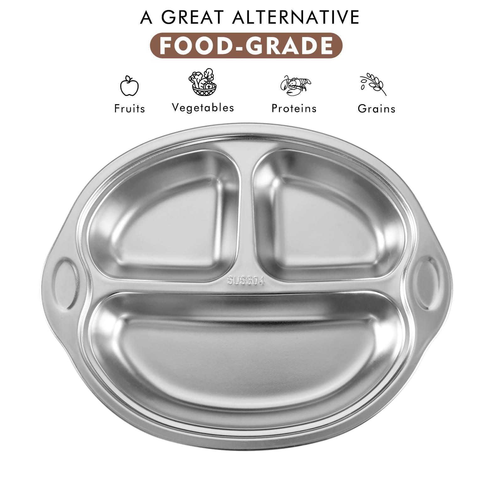 Mrs. Chou Stainless Steel Baby Suction Plates: Divided Plates Designed for Babies and Toddlers, Made of 100% Food-Grade Materials Ideal for Baby-Led Weaning BPA-Free Toddler Feeding Dishwasher Safe Gray