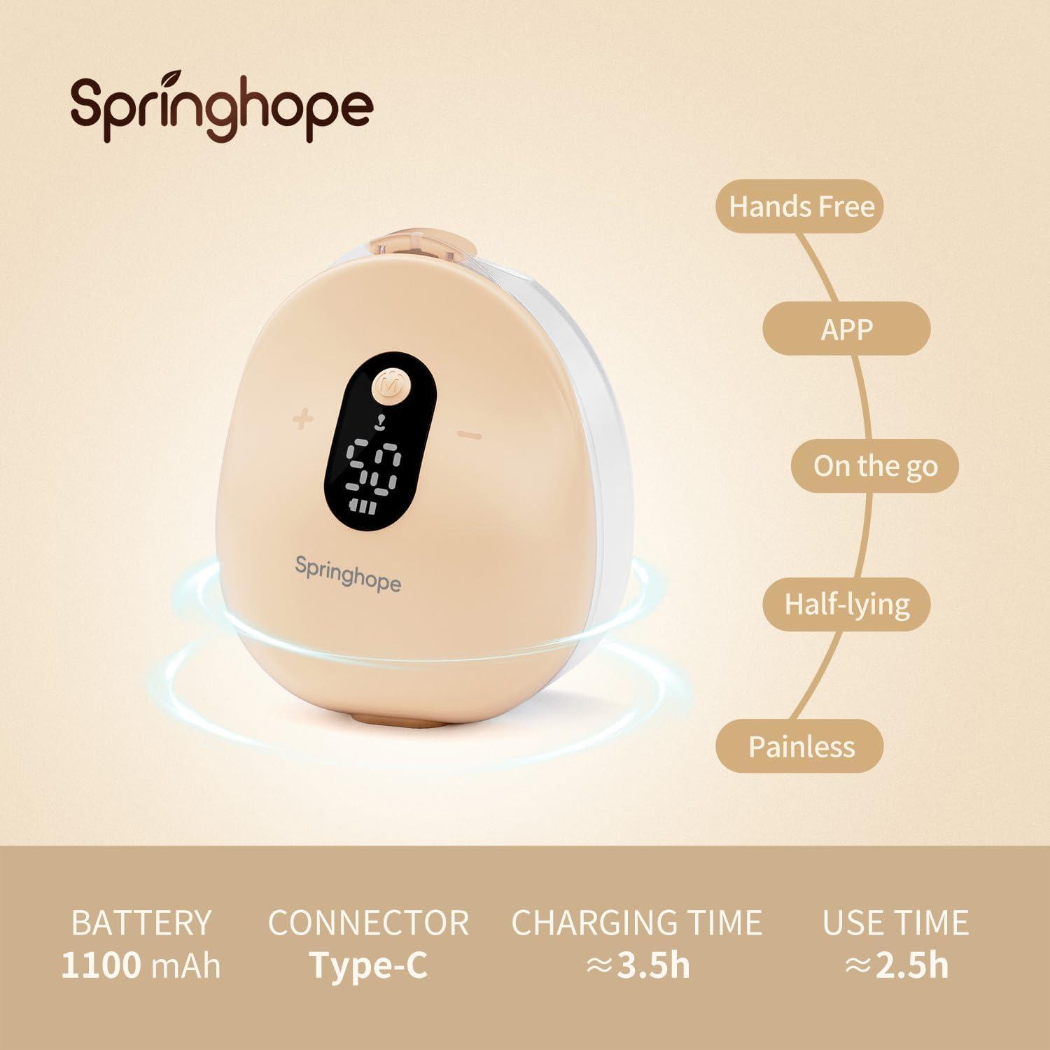 Springhope Springhope Wearable Breast Pump Hands Free, Electric Portable Breastfeeding Pump Wireless, APP & Semi-Lying Suction with 3 Modes 12 Levels, Quiet & Painless Breast Pump, 28/24/21/19mm Flange, 2 Pack