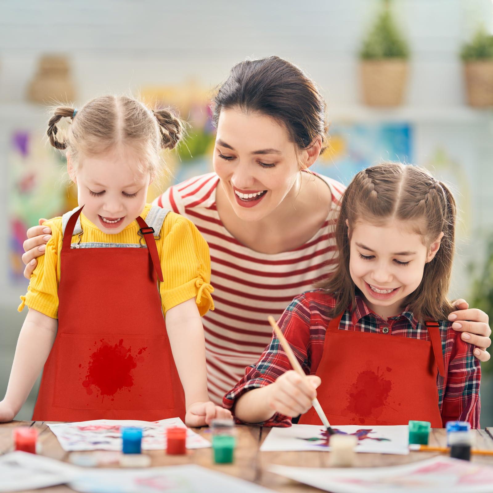 BOUBONI BOUBONI 24 Pack Kids Apron Bulk with 2 Pockets Adjustable Chef Art Apron Kids Painting Aprons for Cooking Baking Painting Crafting Grilling ActivityRed