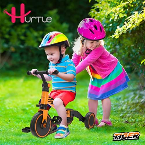 Hurtle 3 in 1 Kids Tricycles - Balance Training Bike Convertible Toddler Walker Riding Toys for 10 Month to 3 Year Old Boys Girls w/Removable Pedals, Carbon Steel Frame, Adjustable Seat Height (Tiger)