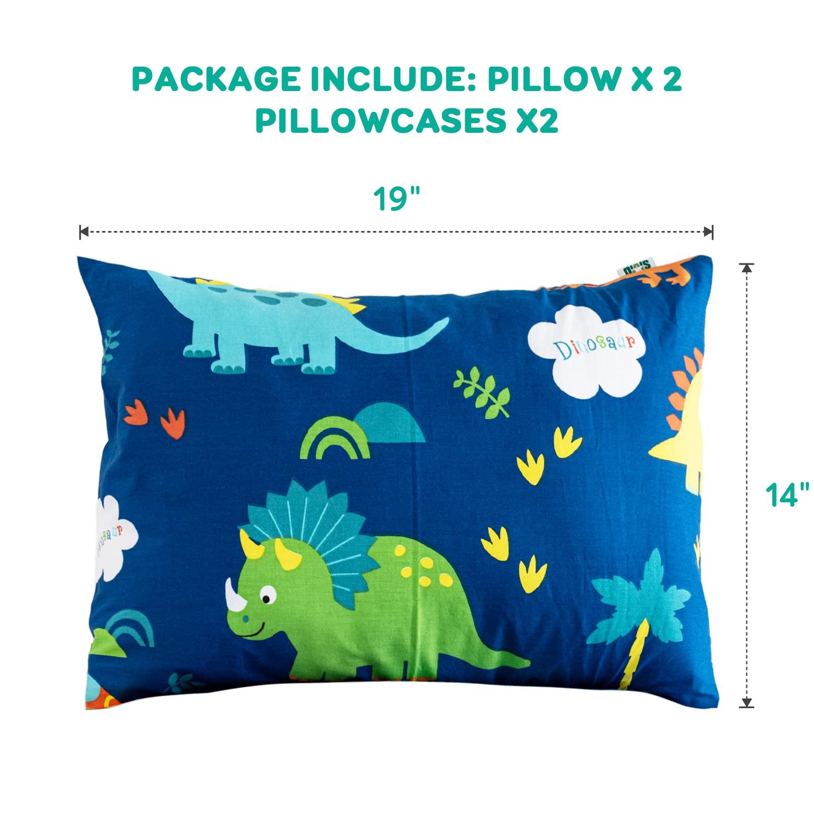 Cottonblue Toddler Pillow, Kids Pillows for Sleeping 14 x 19 Inches, Kids Pillow with Soft Cotton Pillowcase, Machine Washable, Perfect for Travel Toddlers Cot, 2 Pack, Blue Dinosaur