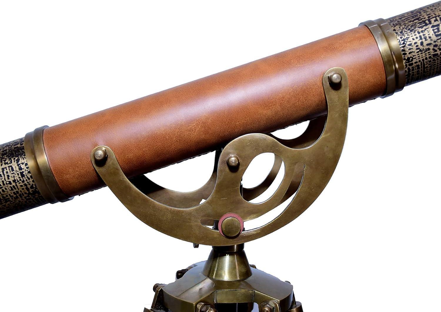 Antiqueex Single Barrel Antique Brass Telescope Beautiful Wooden Floor Standing Tripod Maritime Spyglass Brown Leather