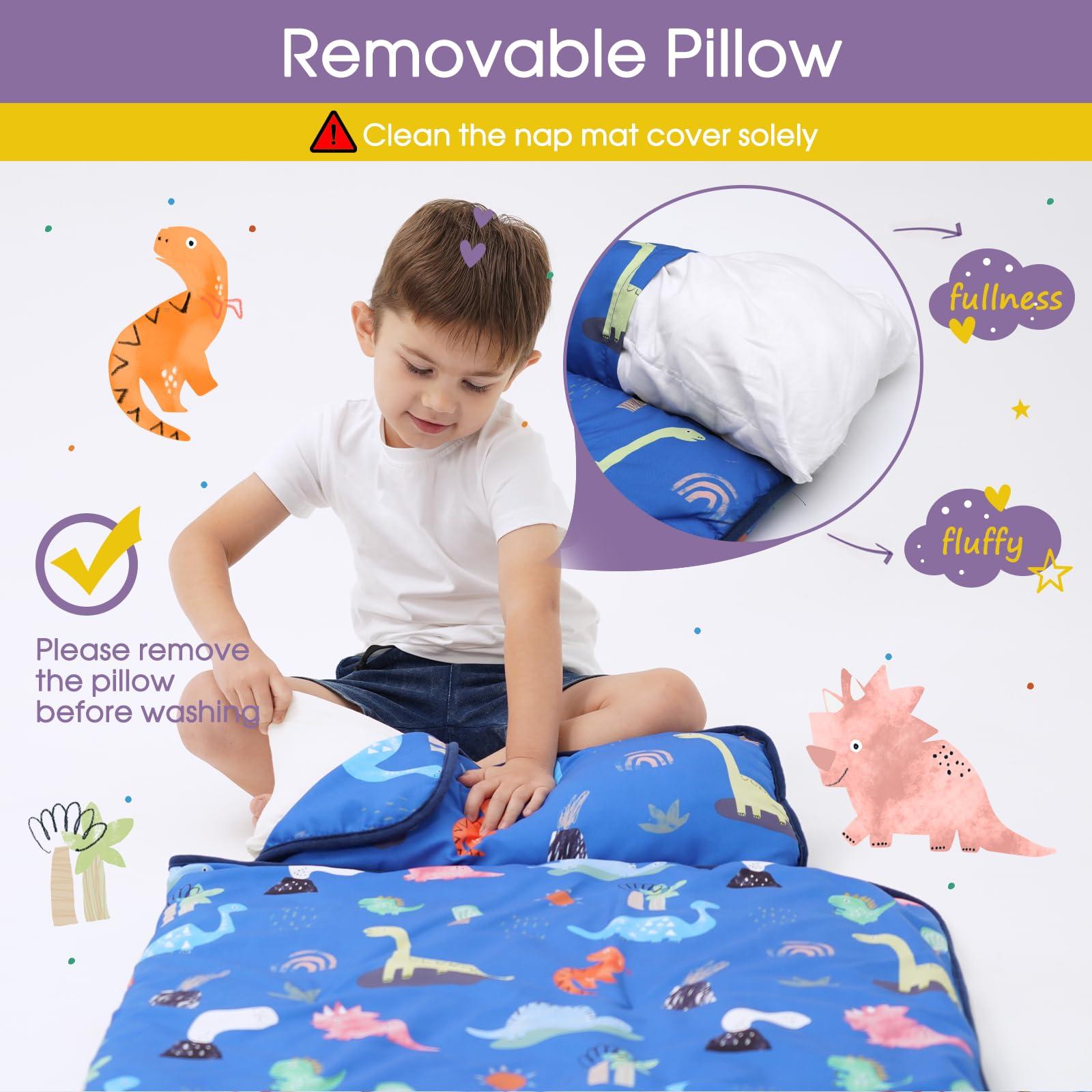 BORPRES Nap Mat with Pillow Blanket Set: Navy Dino Sleeping Mats for Toddler Kids - Thick Large Roll up Slumber Bag for Daycare Preschool Kindergarten Boys Girls