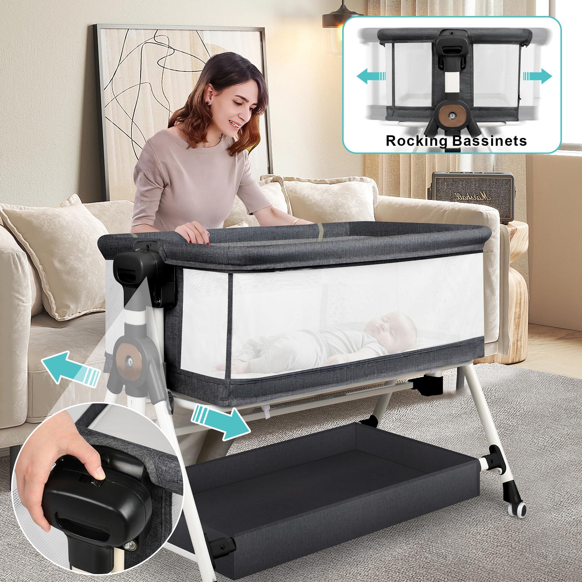 VOOI VOOI Baby Bassinet Bedside Sleeper, 3 in 1 Rocking Bassinet for Baby, Bassinet Bedside Sleeper with Wheels, Adjustable Height, Storage Basket, Mattress & Canopy, Bed Side Bassinet for Newborn