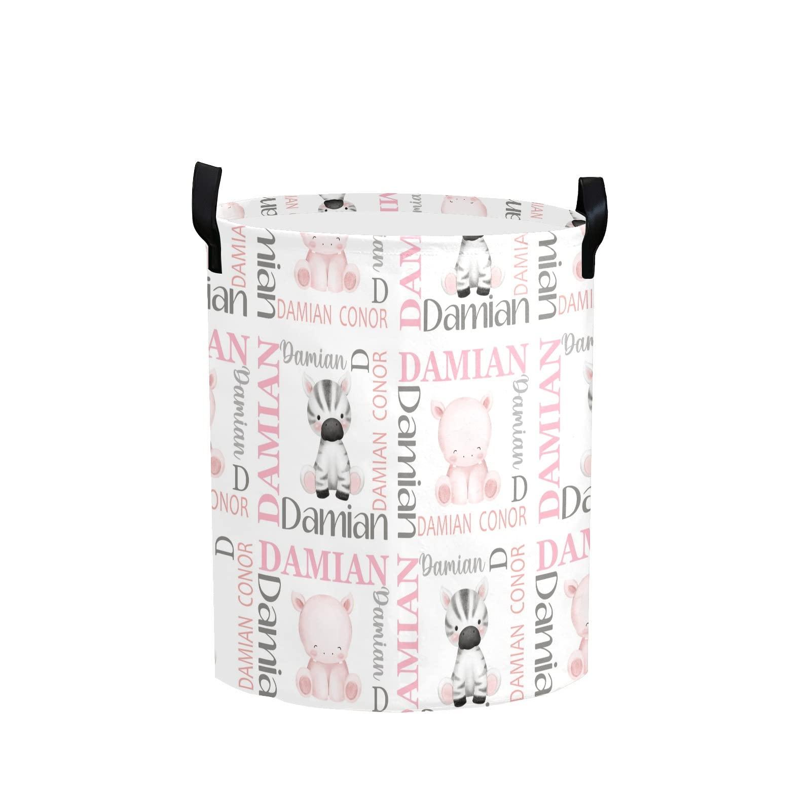 Deven Personalized Laundry Basket Hamper,Hippo Zebra Name Text,Collapsible Storage Baskets with Handles for Kids Room,Clothes, Nursery Decor