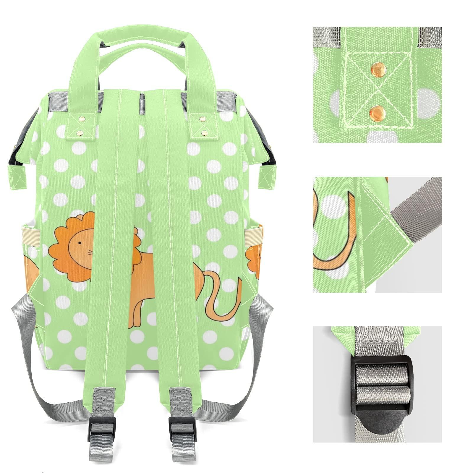SunFancyCustom Lion Green Polka Dots Diaper Bag Backpack Tote Custom with Name Multifunction Waterproof Travel Back Pack Diaper Bag Gifts Backpack for Men Women