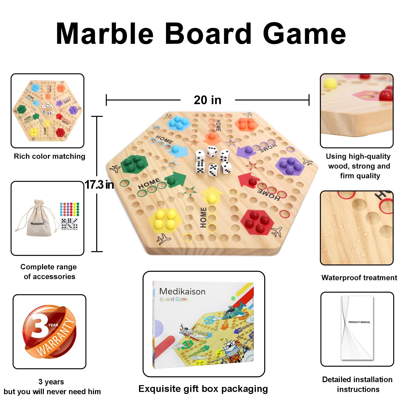 Medikaison Medikaison Large Size Original Marble Game Solid Wood 20 inch Wahoo Board Game Double Sided Painted Wooden Fast Track for 6 and 4 Players 6 Colors 24 Marbles 6 Dice for Family Friend