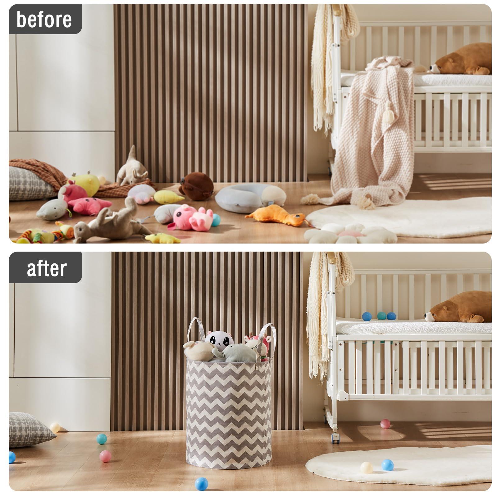 TECHMILLY TECHMILLY Baby Laundry Basket with Long Handles, 63L Collapsible Kids Laundry Hamper, Toy Storage Basket for Nursery, Bedroom Decor for Girls and Boys (Grey Chevron)