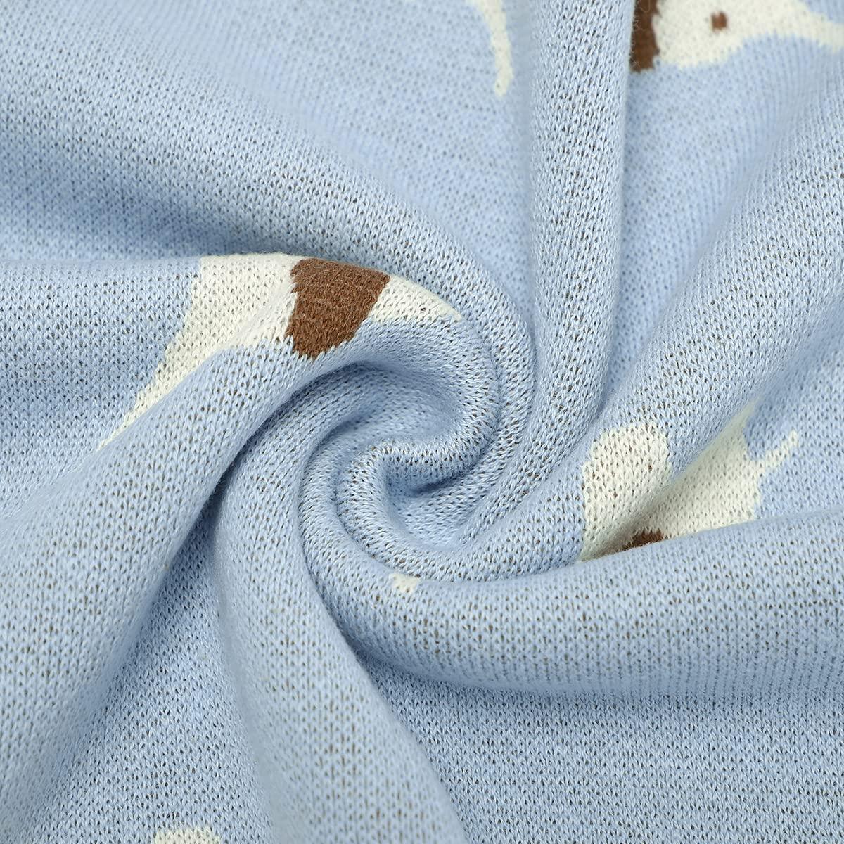 Hadetoto Hadetoto 100% Cotton Baby Blanket Knit Soft Cozy Swaddle Receiving Blankets Toddler Infant Blanket with Lovely Elephant for Newborn Boy Girls - Light Blue, 90 x 70cm