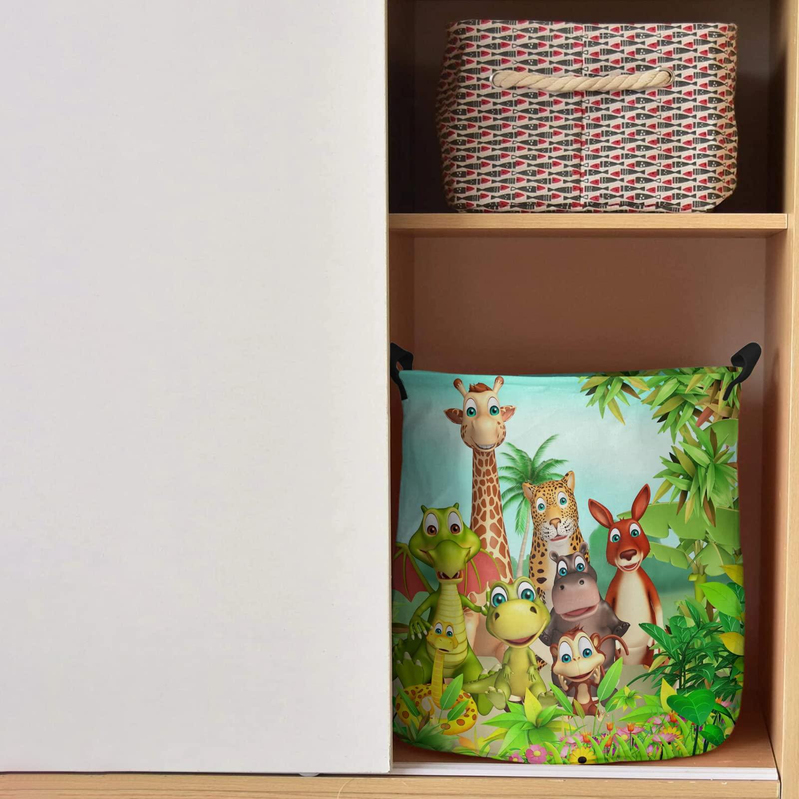 ARTSHOWING Jungle Animals Large Laundry Basket Waterproof Round Laundry Hamper with Handles Collapsible Storage Bin Cartoon Animals Dinosaur and Kangaroo in the Forest Dirty Clothes Hampers Toy Organizer Boxes