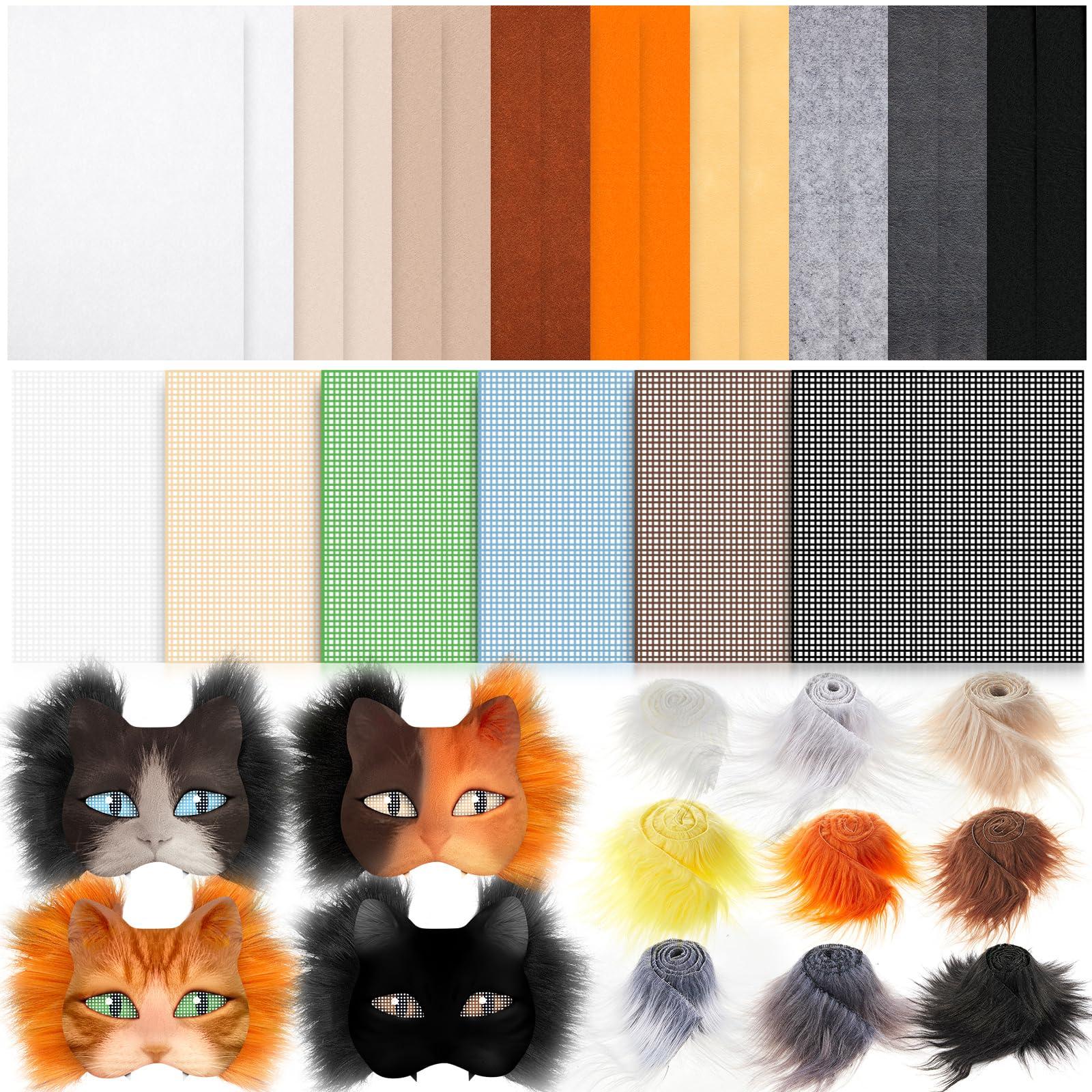 Seenelling Seenelling 33 Pcs DIY Therian Mask Material Kit Including Felt Fabric Sheet Faux Fur Strips and Plastic Eye Mesh Sheets (No Mask) (Multicolor)