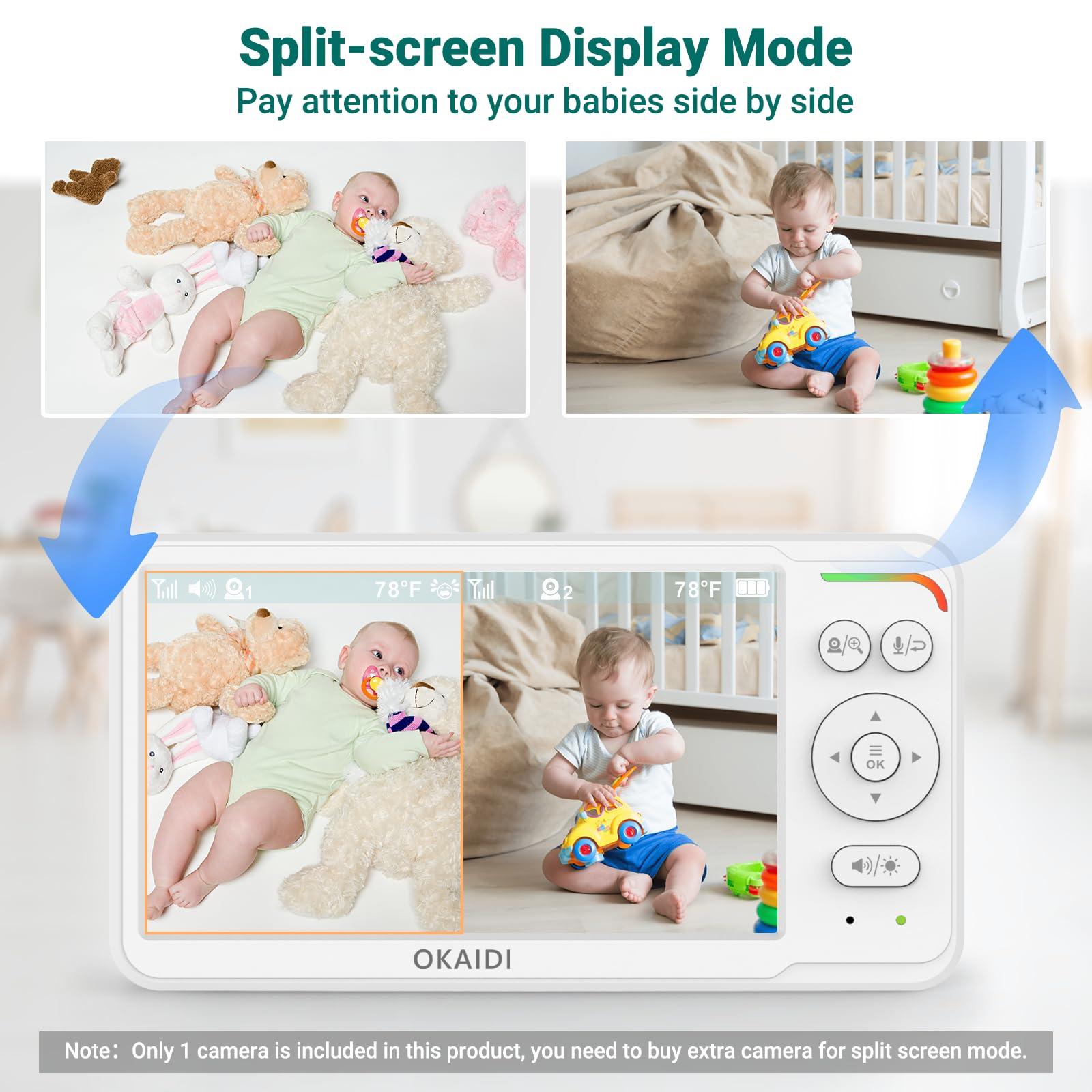 OKAIDI OKAIDI Baby Monitor with 2 Cameras and Audio,Video Baby Monitor with 6'' IPS Split-Screen,Baby Camera Monitor with 30-Hour Battery,150 Languages,ECO,2-Way Talk,1000ft,Travel Baby Monitor No WiFi