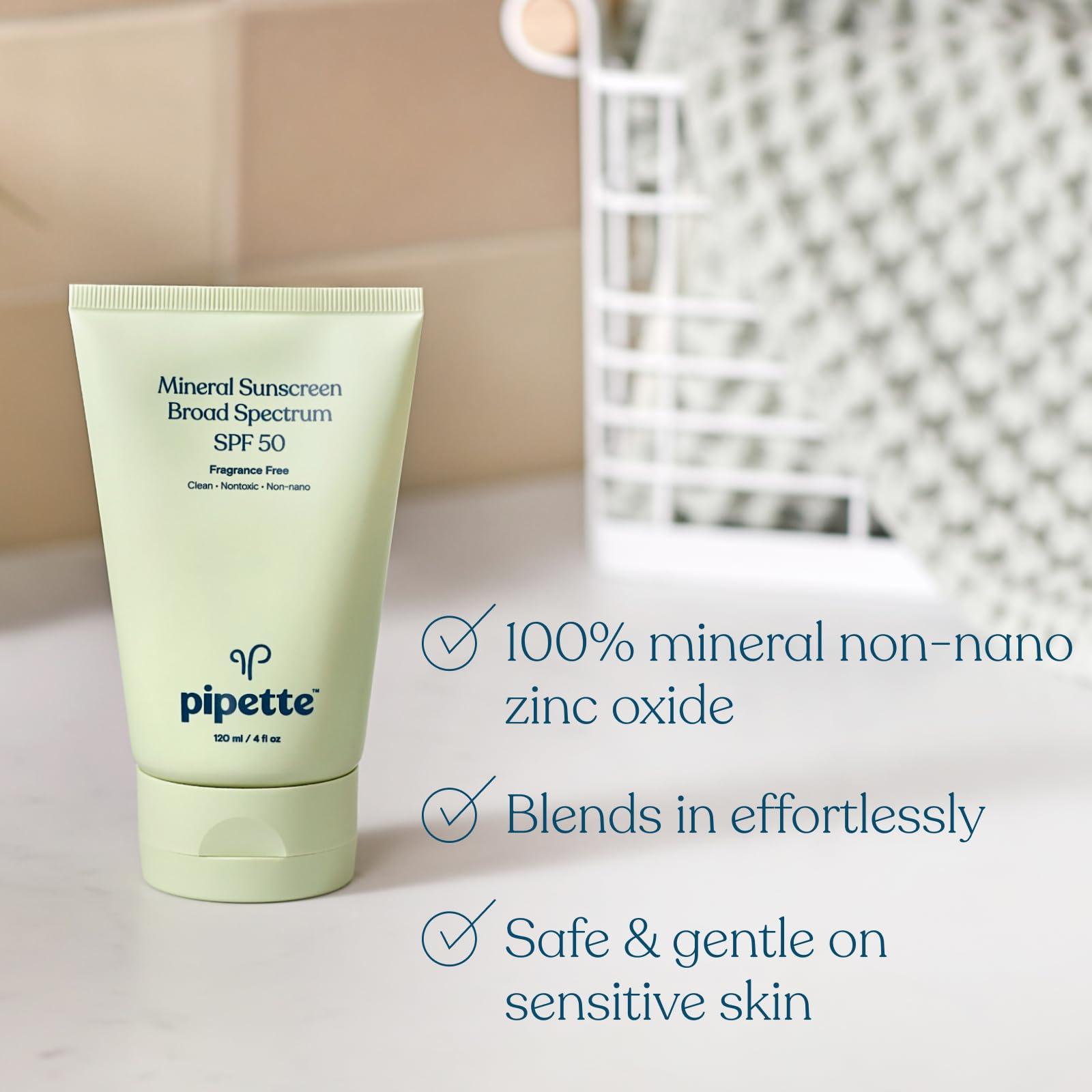 Pipette Pipette Mineral Sunscreen - SPF 50 Broad Spectrum Baby Sunblock with Non-Nano Zinc, UVB/UVA Non-Toxic Sun Protection for Kids & Sensitive Skin, 4fl oz (3 pack)