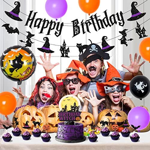 JOYMEMO Witch Birthday Party Decorations with Happy Birthday Banner Halloween Theme Cake Topper Cupcake Picks Birthday Witch Garland for Girls Horror Happy Birthday Supplies