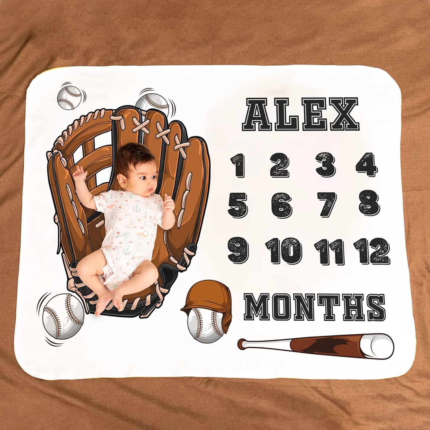 NAZENTI NAZENTI Baby Blanket - Personalized Blanket with Baseball Design Custom Baby Monthly Blanket. Newborn Baby Boy Blanket Gift for Boy Girl