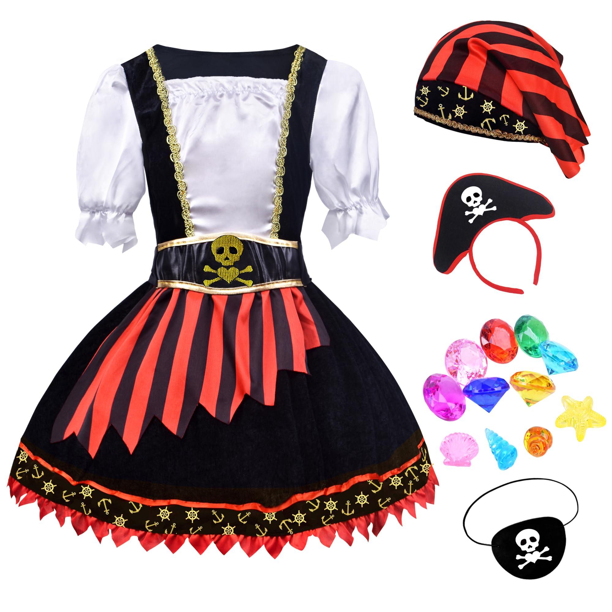 ZZIHAN ZZIHAN Girls Pirate Costume Kids Pirate Princess Dress Pirate Accessories Hat HairBand Eye Patch Belt Pirate Gems Treasure Toys Birthday Party Favor Gift Christmas Halloween Cosplay Costumes 6-7Years