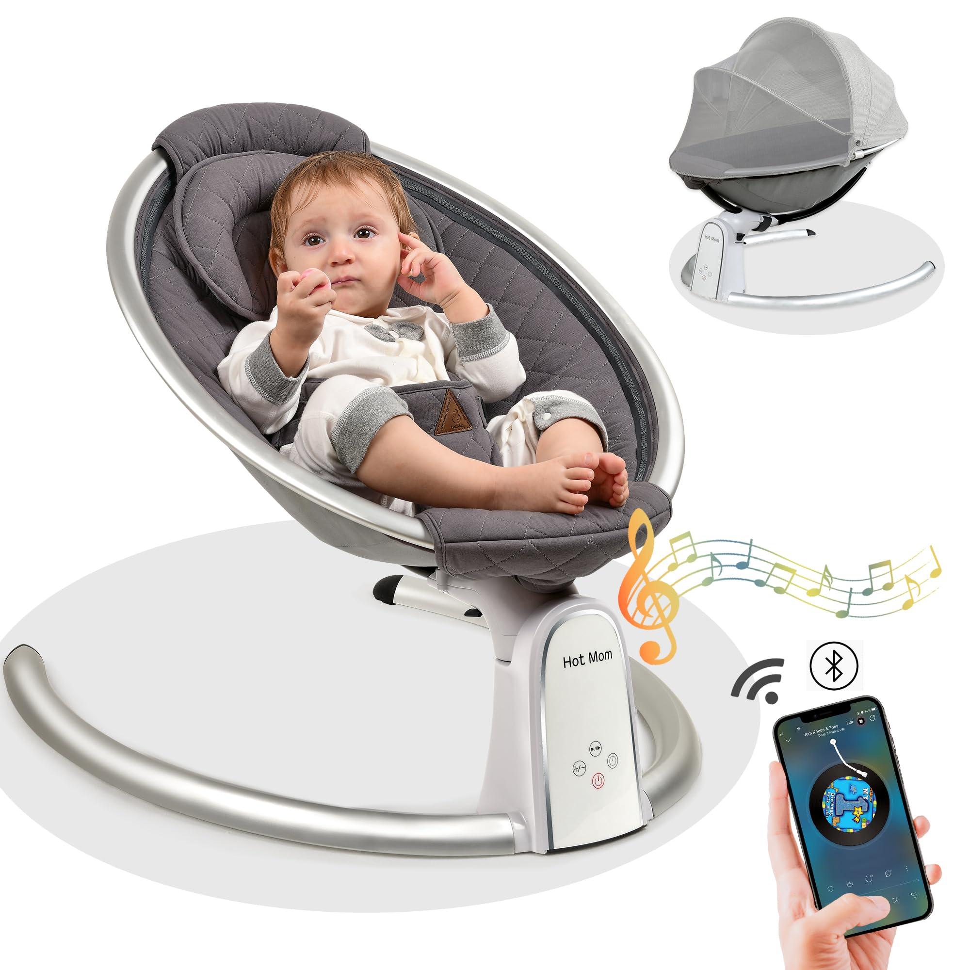 Hot Mom Hot Mom Upgrade Cotton Electric Baby Bouncer for Infant,Bluetooth Baby Swing Enabled Automatic, Baby Rocker Inset Music Speaker, Baby Chair Intelligent Timing & LED Touch Screen (Dark grey1)