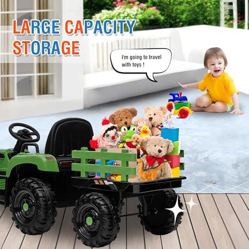 Feetice Tractor Toys, Ride on Tractor with Trailer, 24V 400W Powered Electric Tractor Remote Control, Music Bluetooth and USB Support, Electric Car for Kids, 3 Speed Adjustable, Two-Point Safety Belt, Green