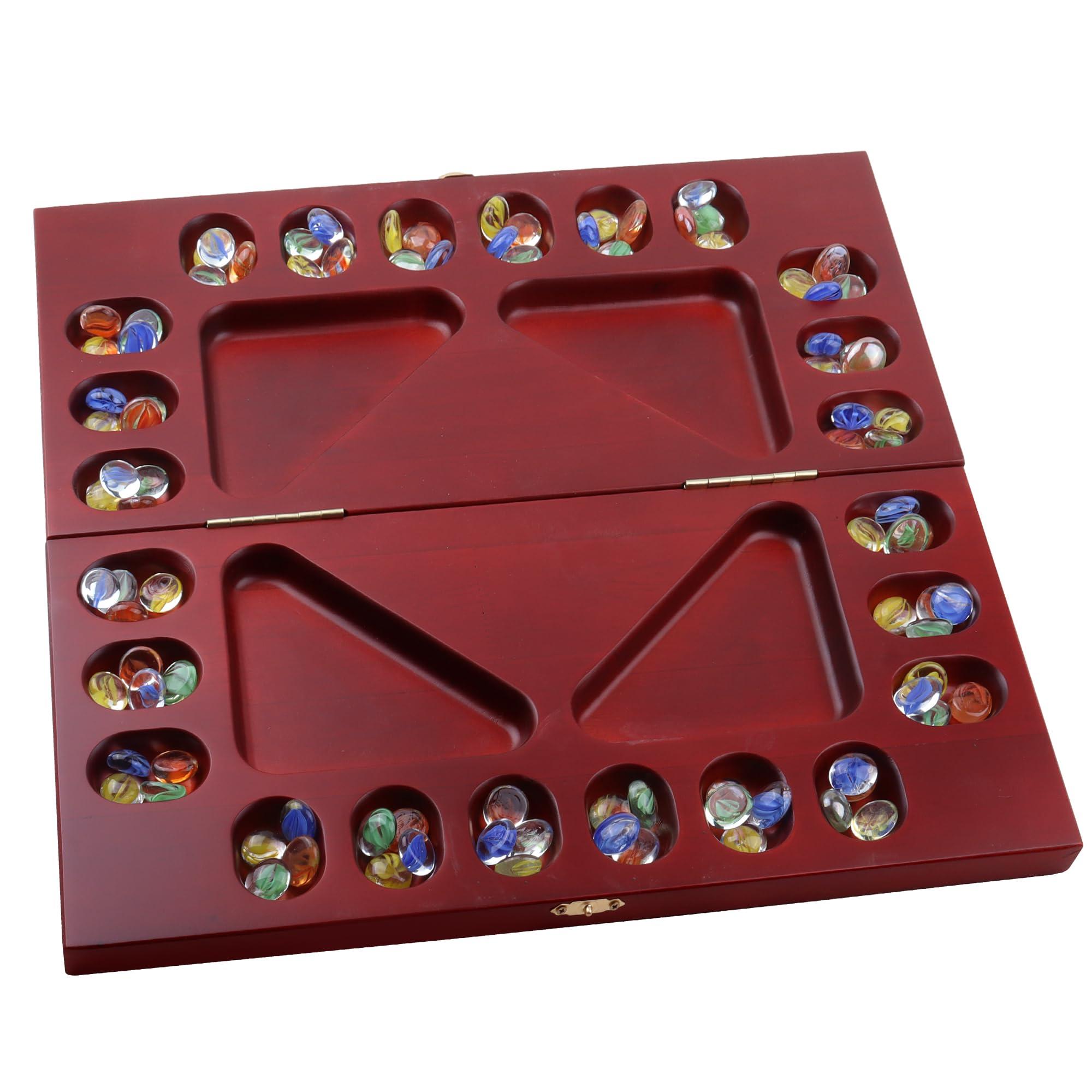 GSE Games & Sports Expert GSE Games & Sports Expert 4-Player Mancala Board Game with Multi-Color Glass Stones, Folding Wooden 4-Way Mancala Family Travel Strategy Games Set for Kids & Adults (Mahogany)