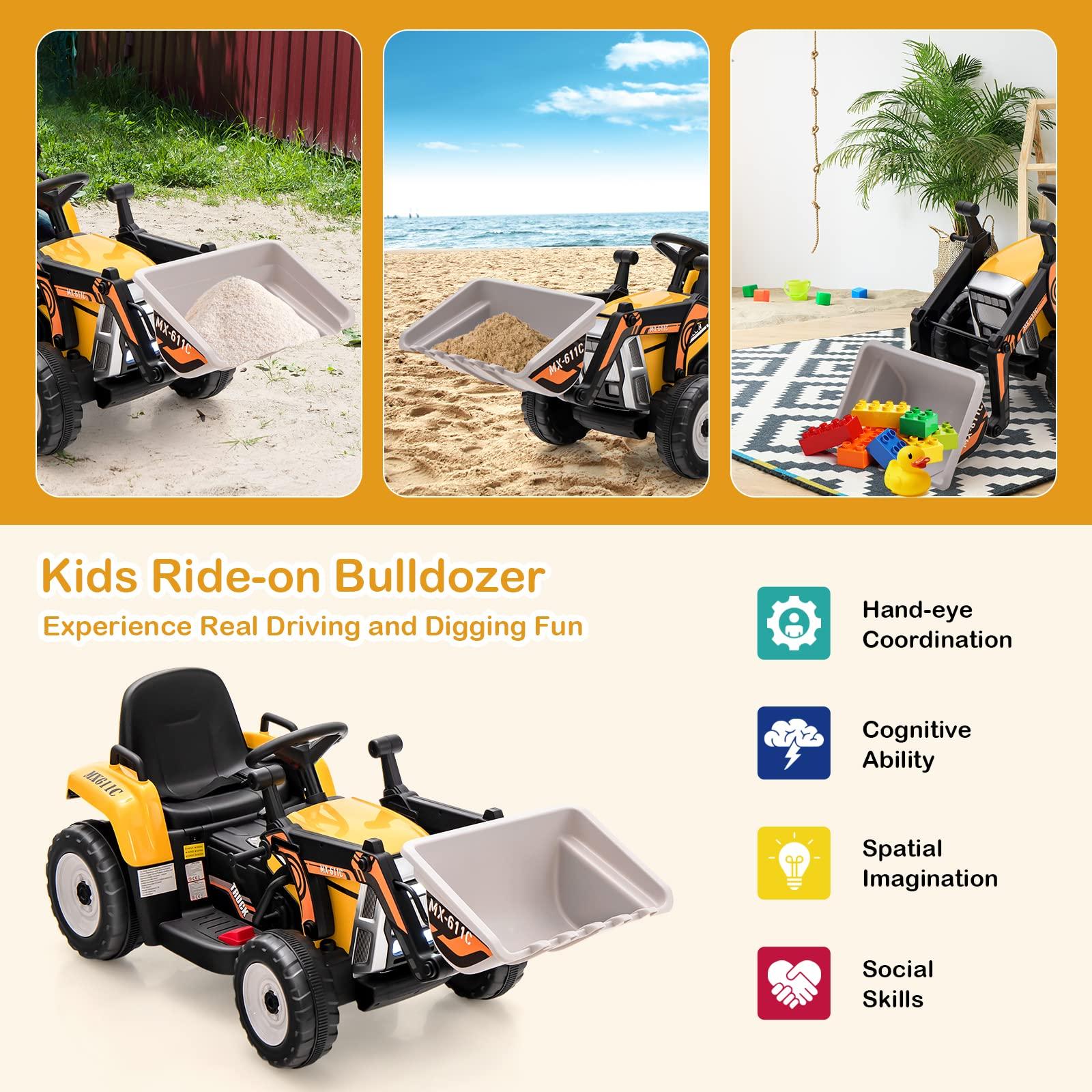HONEY JOY HONEY JOY Ride On Excavator, 12V Kids Bulldozer Ride On Car w/Remote Control, Electric Construction Vehicle for Kids Digger, 3 Speeds, Adjustable Digging Bucket, Ride On Tractor for Boys Girls(Yellow)