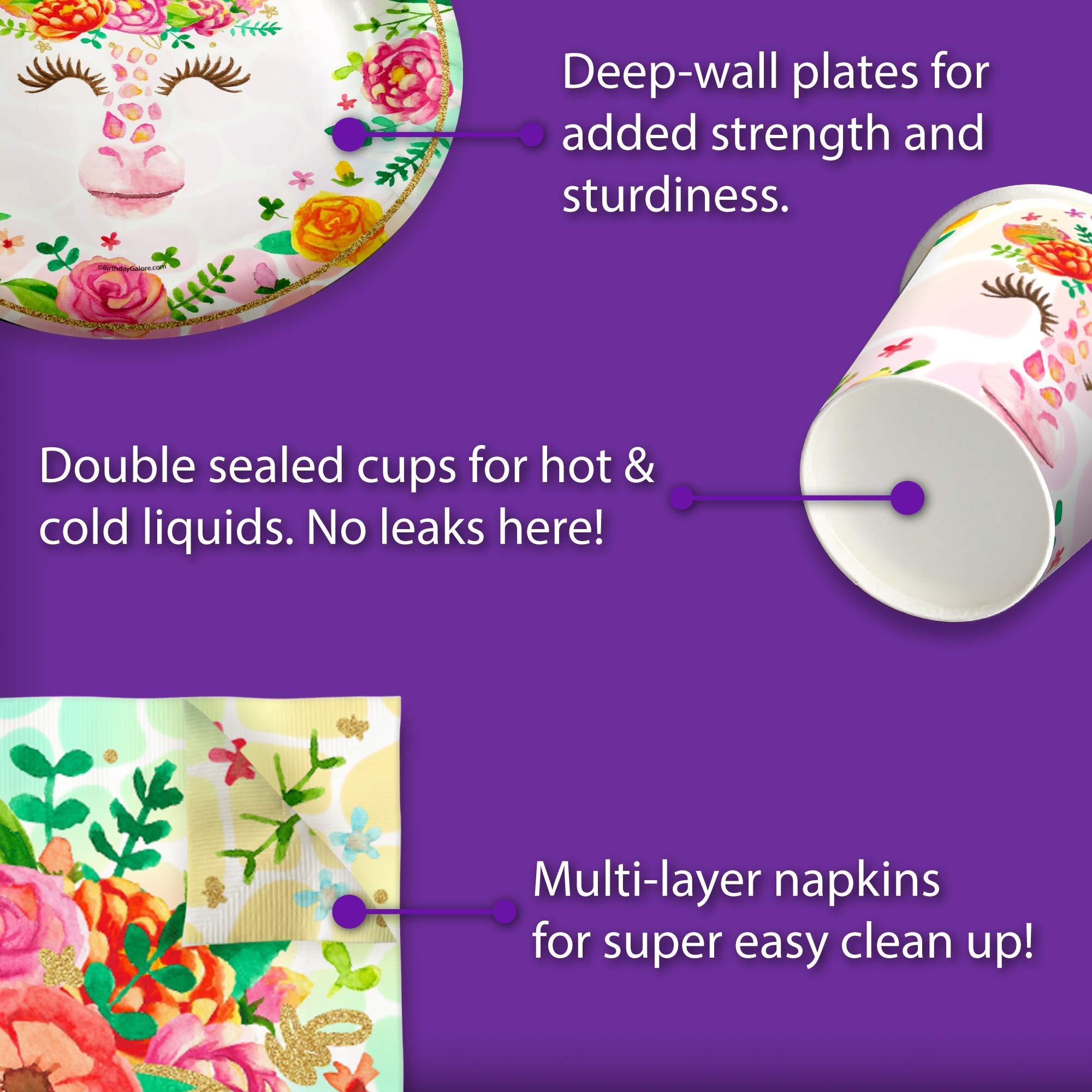 Birthday Galore Giraffe Floral Birthday Party Supplies - Giraffe Party Supplies - Zoo Animal Party Supplies - Safari Animal Party Supplies | Tableware Set Includes Plates Napkins and Cups | Kit for 16