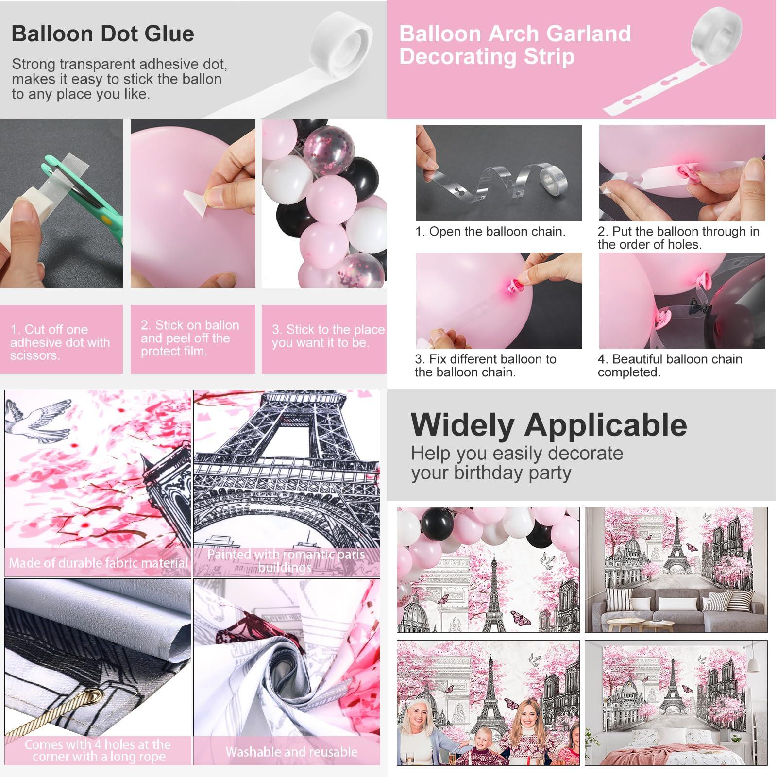 Sumind 76 Pcs Paris Party Supplies Set Pink Paris Theme Party Decoration Eiffel Tower Party Backdrop White Pink Black Balloon Arch Garland Kit for Kid Boy Girl Birthday Decoration