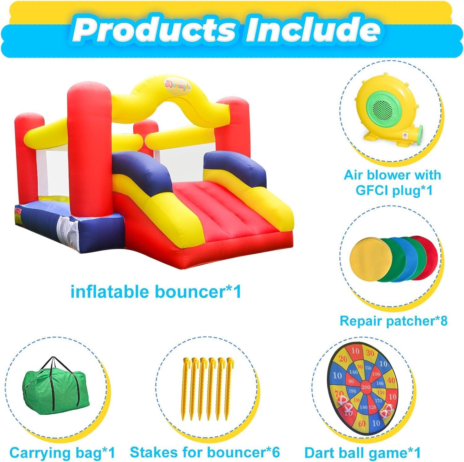 Dvreugde Dvreugde Bounce House, Inflatable Bouncer with Air Blower and Slide, Family Backyard Bouncy Castle with Dart Ball Game, Bouncy House for Kids, 12 ft x 9 ft x 7 ft H