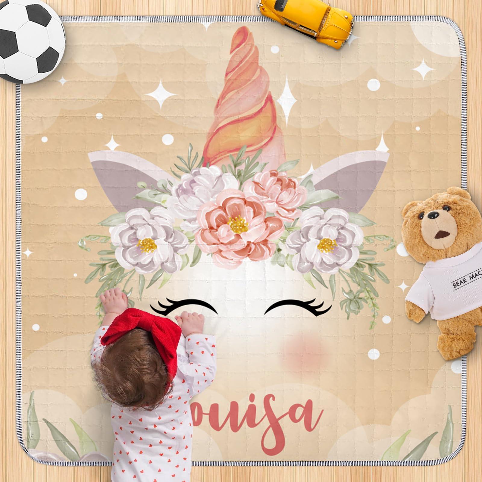 Dyoart Custom Name Baby Play Mat - Soft Horse Pattern Play Mats for Floor, Foldable Waterproof Playmats for Babies and Toddlers Kids, Reversible Baby Crawling Mat for Indoor and Outdoor(43"x 43")