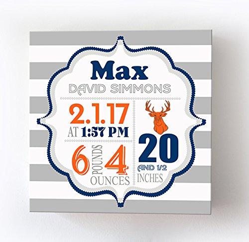 MuralMax Personalized Stretched Canvas, Striped Birth Announcement, Custom Baby Name, Date, Weight Stats, Safari Deer Nursery Wall Decor, Wooden Frame Construction, Ready to Hang 24X24