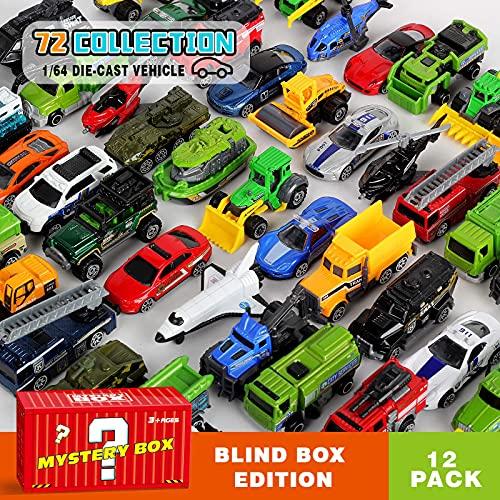 Diecast Toy Cars Set for 3 4 5 6 7 8 Year Old Boys 12 Pack Mini Metal Cars 1 64 12 Theme in one Set Blind Box Edition Include Farm Space Ship Truck for Children Birthday Party Decor Gifts