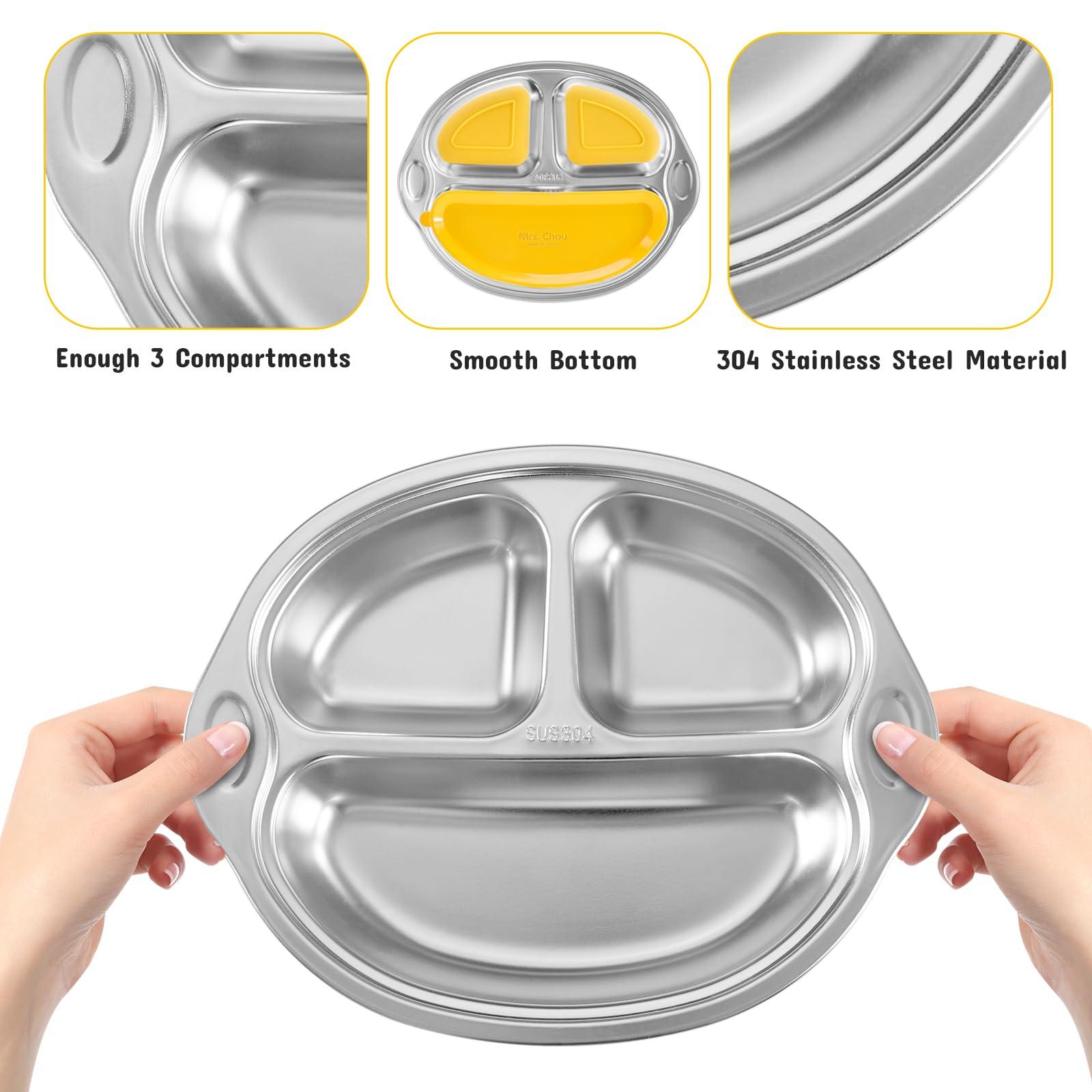 Mrs. Chou Stainless Steel Baby Suction Plates: Divided Plates Designed for Babies and Toddlers, Made of 100% Food-Grade Materials Ideal for Baby-Led Weaning BPA-Free Toddler Feeding Dishwasher Safe Yellow