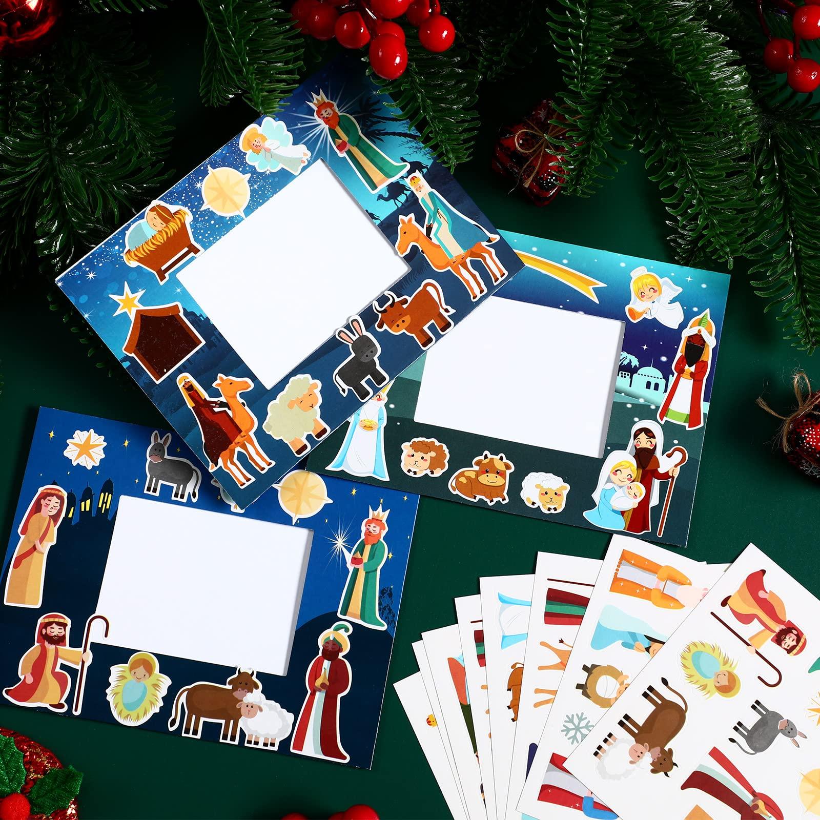 Crtiin 24 Packs Christmas Nativity Picture Frame Craft Kit DIY O Holy Night Crafts for Kids with 330 Pcs Stickers Gift for Kids\' Paper Craft Kits Art Project Home Classroom Activities Birthday Party