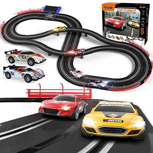 Electric Racing Tracks for Boys and Kids Including 4 Slot Cars 1 43 Scale with Headlights and Dual Racing Race Car Track Sets with 2 Hand Controllers Gift Toys for Children Over 8 Years Old