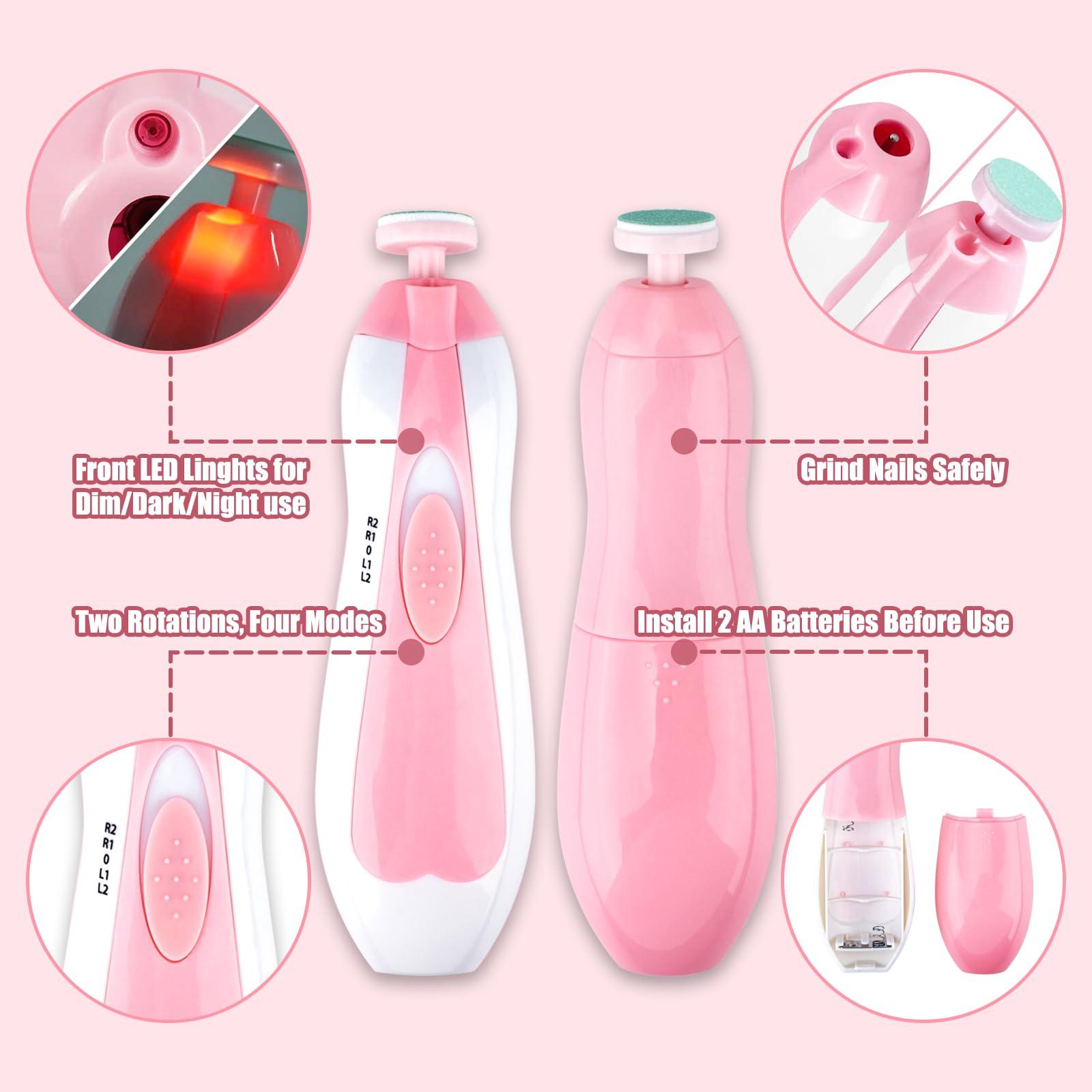 Qunlions life Baby Nail Trimmer Electric-12 in 1 Baby Nail Clippers Safe Baby Nail File Kit with a Nail Clipper, Scissor, Tweezers, and Nail Files (Pink+)