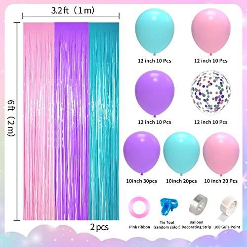 JOYYPOP Unicorn Balloon Garland Kit with Light Purple Pink and Turquoise Balloons, Tinsel Curtain for Baby Shower Birthday Party Decorations Unicorn Party