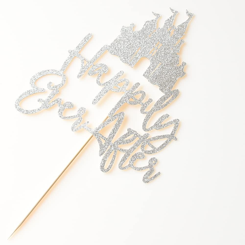 QXQXBA Happily Ever After with Castle Cake Topper Cinderella Castle Wedding Cake Decoor Engagement Bridal Shower Party Decorations Silver Glitter