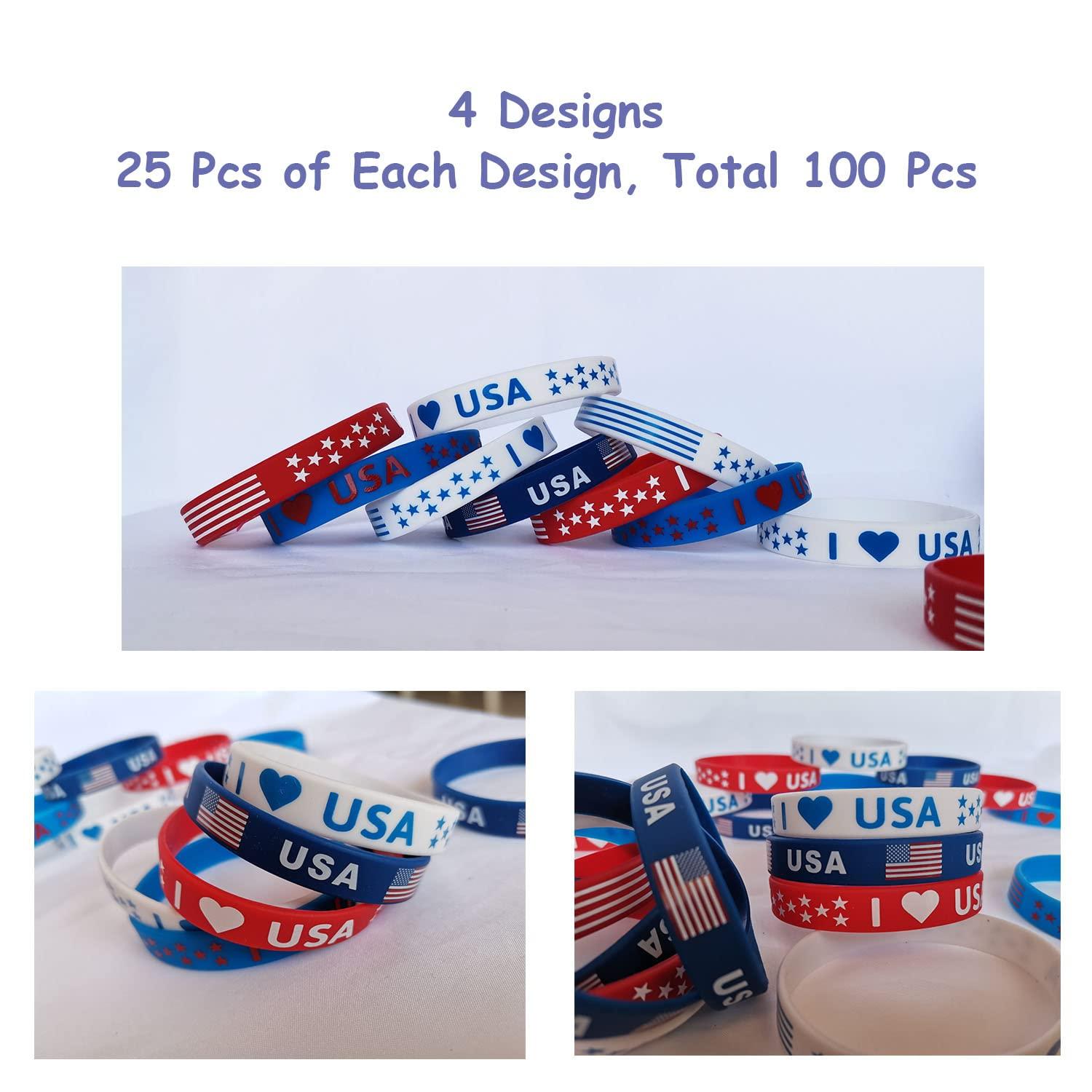 JAKADYUKS JAKADYUKS 100Pcs American Flag Silicone Bracelets, Election Fourth 4th of July Party Accessories USA Veterans Day Memorial Day Patriotic Party Red White and Blue Wristband Party Favors School Gifts