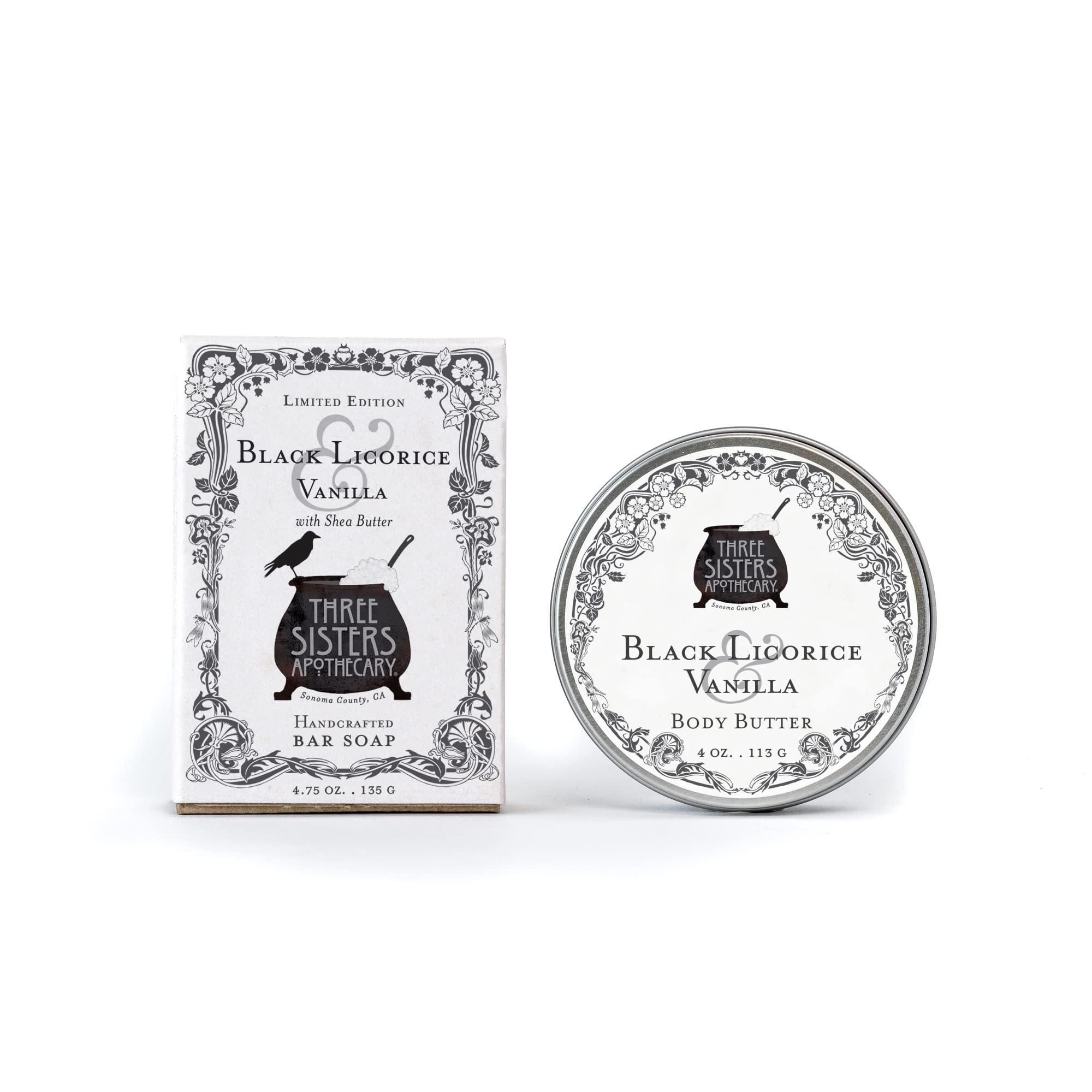 Three Sisters Apothecary Fine Handmade Soaps & Three SIsters Apothecary Muslin Gift Set - Bar Soap and Body Butter (Black Licorice)